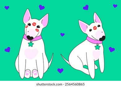 Kissed bull terrier in different positions. Flat vector illustration.