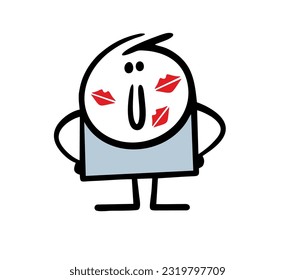 Kissed playboy stickman stands pleased with himself with traces of red lipstick on his face. Vector illustration of the hero lover. Hand drawn stick figure character isolated on white background.