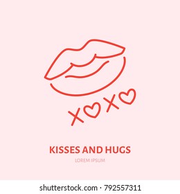 Kisses and hugs illustration. Xoxo expression flat line icon, romance logo. Valentines day greeting sign.