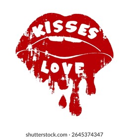 KISSES LOVE., Shiny red lips, Graphic design print t-shirts fashion, illustration, vector, posters, cards, stickers, mug