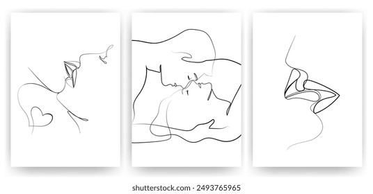 Kisses of lovers One line drawing posters print covers set.Young people kissing hand drawn.Vector graphics