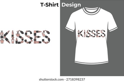 Beijos tipografia de maquiagem t-shirt vetor ilustração, design de texto de moda com padrão de impressão labial para a beleza, romance e estilo atrevido.