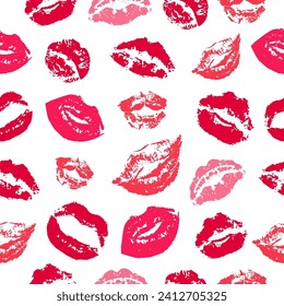 Kisses seamless pattern. Pink red kiss female lips with lipstick. Isolated lip silhouettes, romantic sexy fabric print template. Neoteric vector background