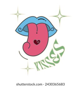 kisses.colorful Groovy cartoon characters. mouth and tongue glistening. Sticker pack in trendy retro style. Isolated vector illustration. Hippie 60s, 70s style.