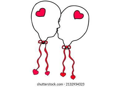 Kissing balloons vector illustration. Red and black line art balloons kissing. Heart shaped abstract illutration