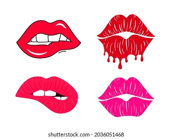 Kissing And Biting Lips Collection. Melting Lipstick. Dripping Paint. Isolated Vector Illustration Set. Trendy Sticker For Tshirt