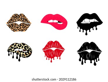 Kissing and biting lips with leopard print collection. Melting lipstick. Dripping paint. Cheetah design. Isolated vector illustration set. Trendy sticker for tshirt