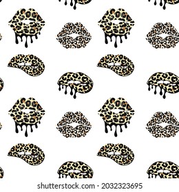 Kissing and biting lips with leopard print. Melting lipstick. Seamless pattern. Dripping paint. Isolated stock vector illustration. Trendy texture for shirt