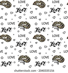Besar y morder los labios con huella de leopardo. Mezcla de lápiz labial. Patrón sin foco. Me encanta escribir. Pintar con goteo. Ilustración vectorial de existencias aisladas. Textura de moda para la camisa