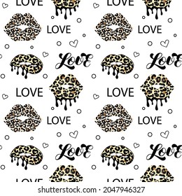 Besar y morder los labios con huella de leopardo. Mezcla de lápiz labial. Patrón sin foco. Me encanta escribir. Pintar con goteo. Ilustración vectorial de existencias aisladas. Textura de moda para la camisa