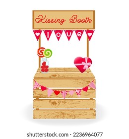 Kissing booth. Cute concept for Valentine's Day, wedding or birthday. Carnival kissing booth with flags. Vector illustration.