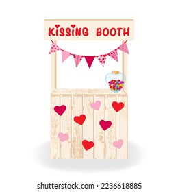 Kissing booth. Festive decoration made of wood with hearts and flags Kissing booth. For celebrating Valentine's Day, wedding or birthday. Vector illustration.