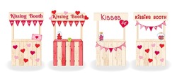 Kissing Booth. Four Decorative Decorated Kissing Booths. Set Of Wooden Decorations For Celebrating Birthday, Wedding, Happy Valentine's Day. Vector Illustration.
