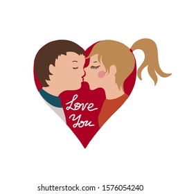 Kissing boy and girl flat silhouettes in red heart shape background.