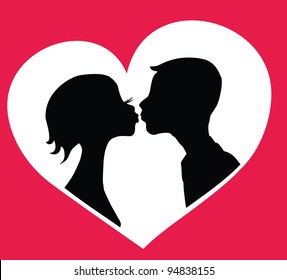 Kissing boy and girl   silhouettes in heart shape background.  Vector eps8