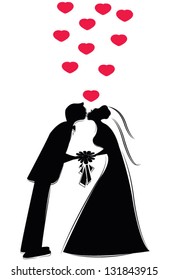 kissing the bride, cartoon silhouette vector