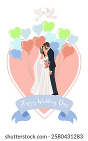 Kissing bride and groom against the background of a heart and balloons. Vector illustration 