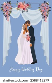 Kissing bride and groom surrounded by a canopy and flowers. Vector illustration