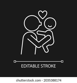 Kissing child on cheek white linear icon for dark theme. Showing affection. Emotional bond. Thin line customizable illustration. Isolated vector contour symbol for night mode. Editable stroke