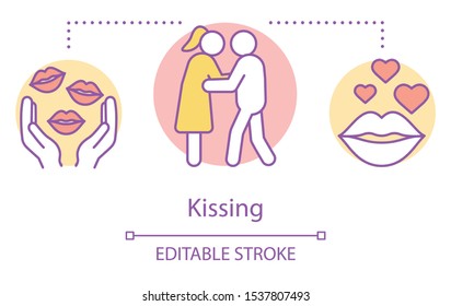 Kissing concept icon. Romantic safe relationship. Teenage love. Man and woman love affair. Happy couple date idea thin line illustration. Vector isolated outline drawing. Editable stroke