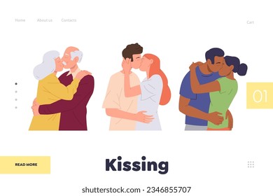 Kissing concept for landing page design template with different happy loving couple characters