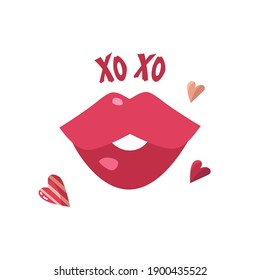 Kissing concept. Xo Xo. Vector illustration of cartoon lips with hearts. 