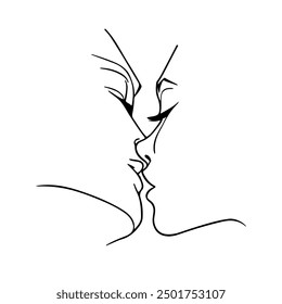 Kissing Continuous Line Drawing. Couple Love Concept Minimalist Abstract Illustration One Line Style Black Sketch Isolated on White Background. Couple Kiss Abstract Vector Illustration