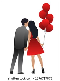 Kissing couple with balloons, girl in red dress and man in suit kiss, realistic flat vector.