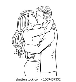 Kissing couple coloring vector illustration. Isolated image on white background. Comic book style imitation.