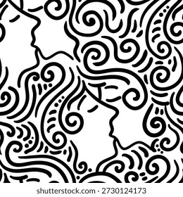 Kissing couple with doodle seamless pattern. Hand drawn illustration for sticker, postcard, wallpaper, mural, fabric, prints, etc