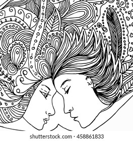 kissing couple in doodle style on white background. Can be used as card, invitation, background, adult coloring book. Hand drawn style. Wedding invitation. Zentagle. st. Valentine's day.
