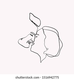 Kissing couple drawn by one line continuous. Silhouette Portrait lovers in minimal style. Logo for Valentine's Day. 