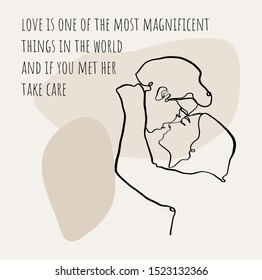 kissing couple drawn by one continuous line with typography slogan. Design for Valentine's Day