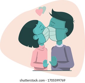 Kissing couple in a face masks. Relationship during pandemic. Vector illustration.