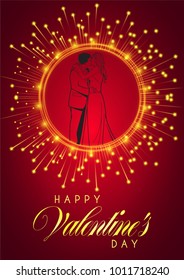 kissing couple in a firework circle on red background.