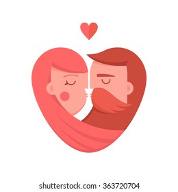 Kissing couple flat illustration. Man and woman logo in the shape of a heart.  