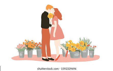 Kissing couple with flowers in background.
Simple vector illustration. 