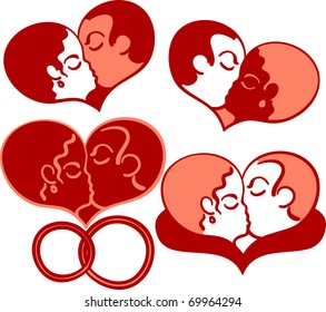 Kissing Couple in Heart Shapes and Wedding Rings
