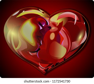 Kissing couple in heart vector illustration on red background