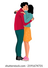 Kissing couple isolated on white background. Colourful illustration of man and woman standing, hugging and kissing. A concept of togetherness. 