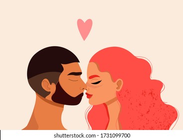 Ilustración vectorial aislada de la pareja de besos. Hermoso hombre y mujer con los ojos cerrados besándose. Concepto de romance y amor. Niña de pelo rojo y hombre de pelo oscuro. Diseño de tarjetas de felicitación de San Valentín.