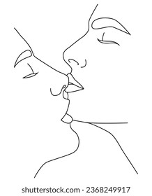 Kissing couple, kiss, lips. One continuous drawing in one line depicting a woman and a man. Embraces of a young couple, lovers, a woman and a man.