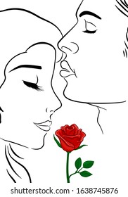 Kissing couple in love, black and white hand drawn sketch. Romantic scene man and woman.with red rose