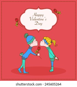 Kissing couple in love. Boy gives gift and flower. Romantic Valentine's Day card. Vector illustration. 