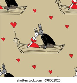 Kissing couple love bunnies in human bodies, in a boat in the middle of the river. caricature.Happy valentines day and wedding With red hearts, holiday,Freehand drawing vector  seamless pattern,

