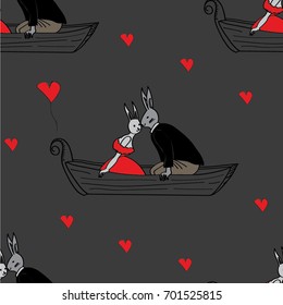 Kissing couple love bunnies in human bodies, in a boat in the middle of the river. caricature.Happy valentines day and wedding. With red hearts, holiday,Freehand drawing vector seamless pattern, 