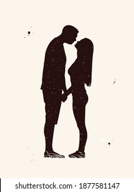 Kissing couple. Lovers abstract silhouette. Night starry sky