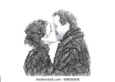 Kissing couple, low poly abstract vector illustration in black and white isolated