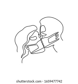 Kissing couple in medical masks, continuous line drawing, young woman and man kiss, small tattoo, print for clothes and logo design, emblem or logo design, isolated vector illustration.