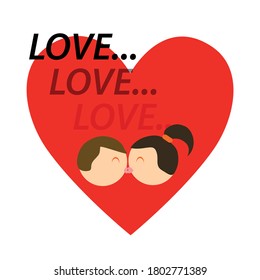 kissing couple on the background of a red heart with the words "love"